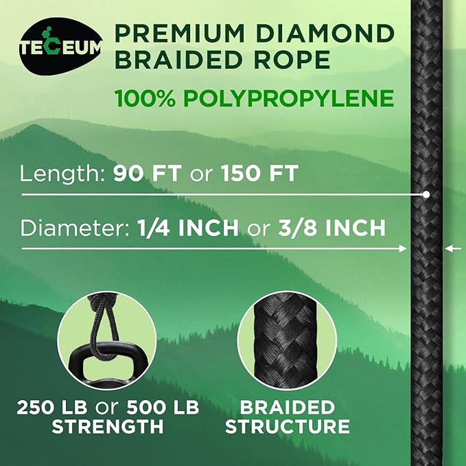 TECEUM Rope – 90 Feet x 3/8 Inch – Black – Strong All-Purpose Utility Rope – - Image 2