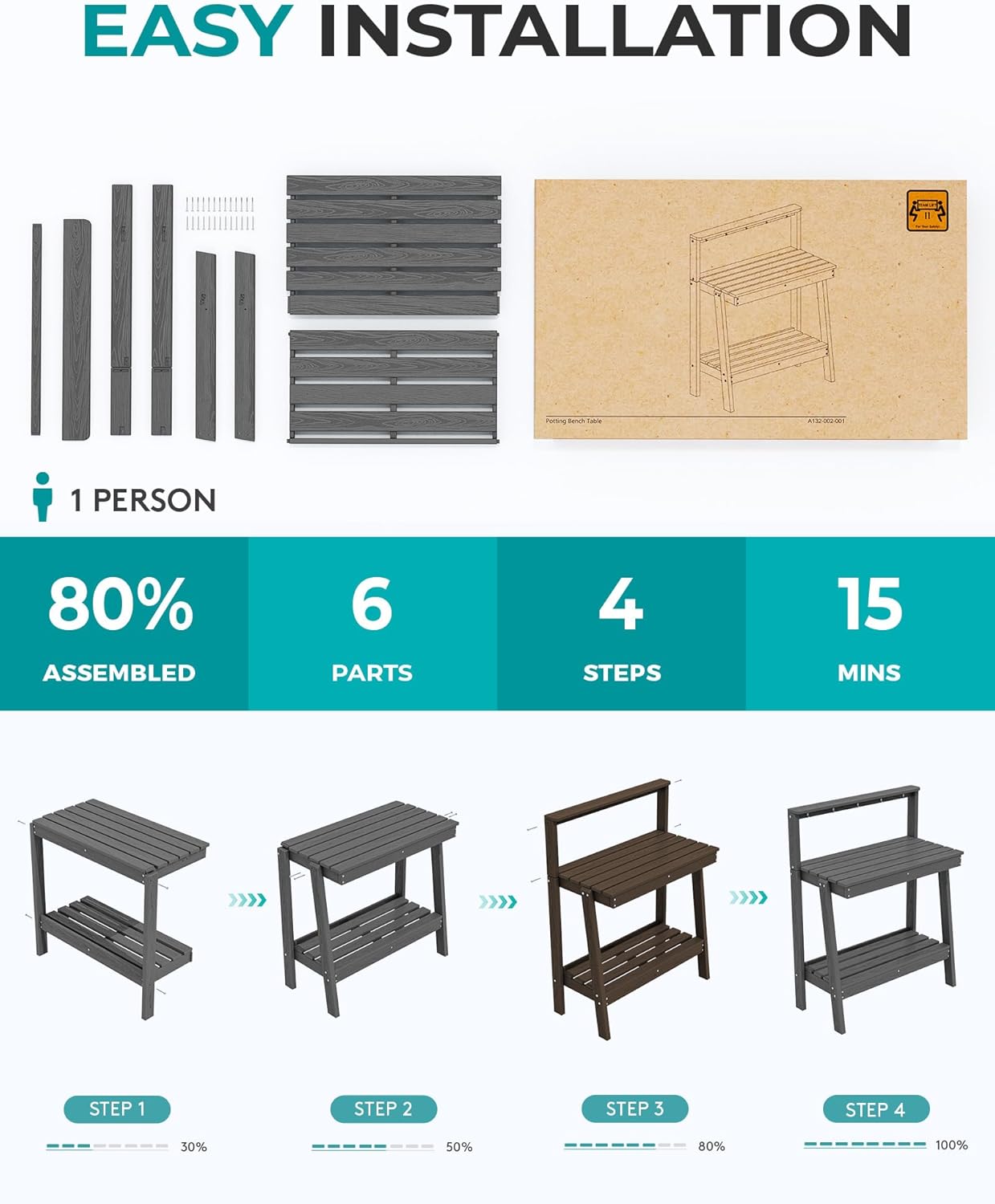 SERWALL Potting Bench Outdoor with Storage Set of 2, 3-Tier HDPE Gardening Table with Angled Legs & Tool Hooks, All-Weather Heavy Duty Potting Table for Patio, Backyard, Garden, Gray