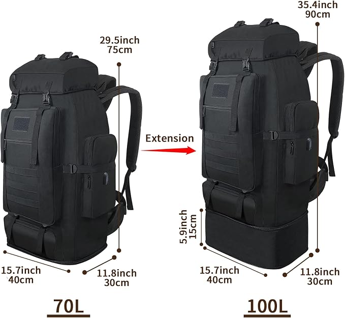 70L/100L Hiking Backpack with USB Charging Port, Expandable Large Military - Image 2
