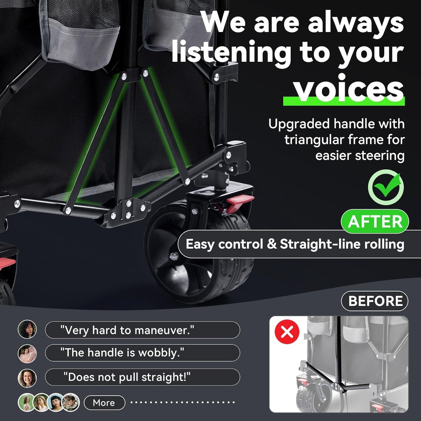 Hikenture Collapsible Wagon Cart, 330lbs Capacity Beach Wagons with Big Wheels for Sand, Heavy Duty Foldable Cart with Brakes, Portable Utility Folding Garden Cart for Outdoor