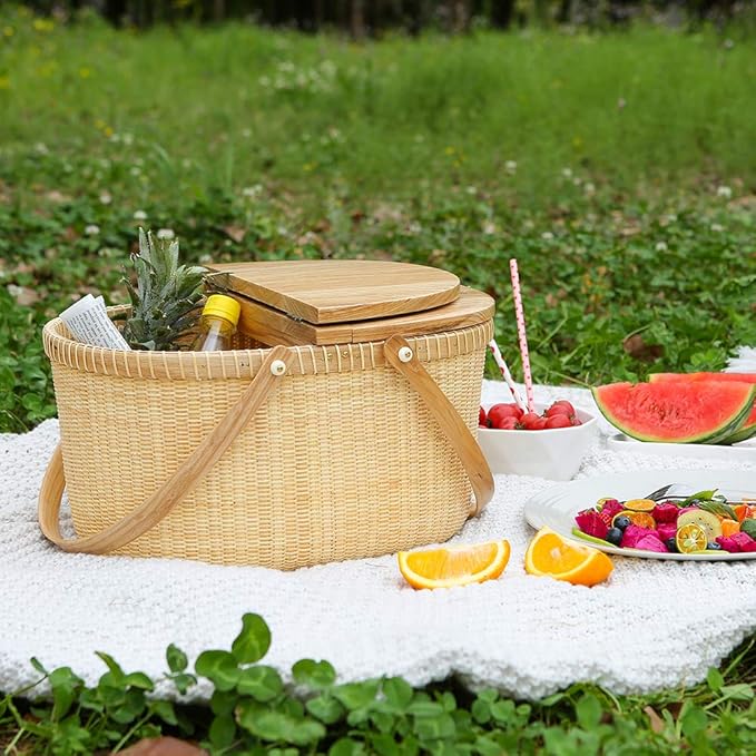 Nantucket Basket Crafts Cane-on-Cane Weave Picnic Basket Shopping Basket Basket Storage Basket Two Swing Handles (Ash Activity Double Open)