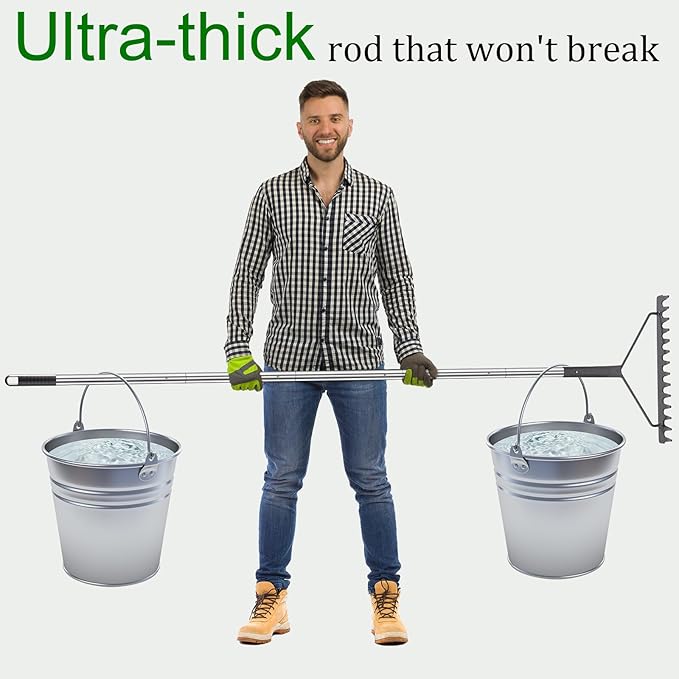 Sturdy Garden Rakes for Leaves: Metal Rake Heavy Duty Tool for Quick Clean Up of Lawn and Yard, 38’’--63’’ Adjustable Long Handle and 14Tines