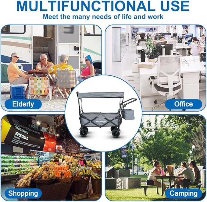 SKYMANOR Collapsible Wagon with Removable Canopy, 3-in-1 Heavy Duty Garden Cart with Big All-Terrain Wheels, Brakes, Adjustable Push Pull Handle, Cooler Bag, 300LBS Wagon Cart for Camping (Grey)