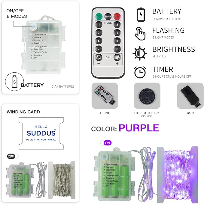 suddus Hallowee Purple Lights Battery Operated, 66ft 200 LED Twinkle Lights - Image 7