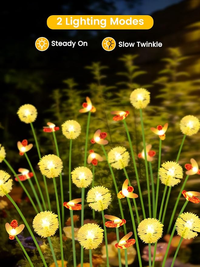 Solar Garden Lights Outdoor, 6 Pack 48 LED, Solar Swaying Dandelion Bee Lights - Image 2