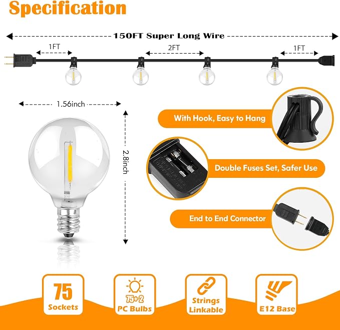 Brightever Outdoor String Light 150FT, Waterproof Dimmable Patio Lights - Image 5