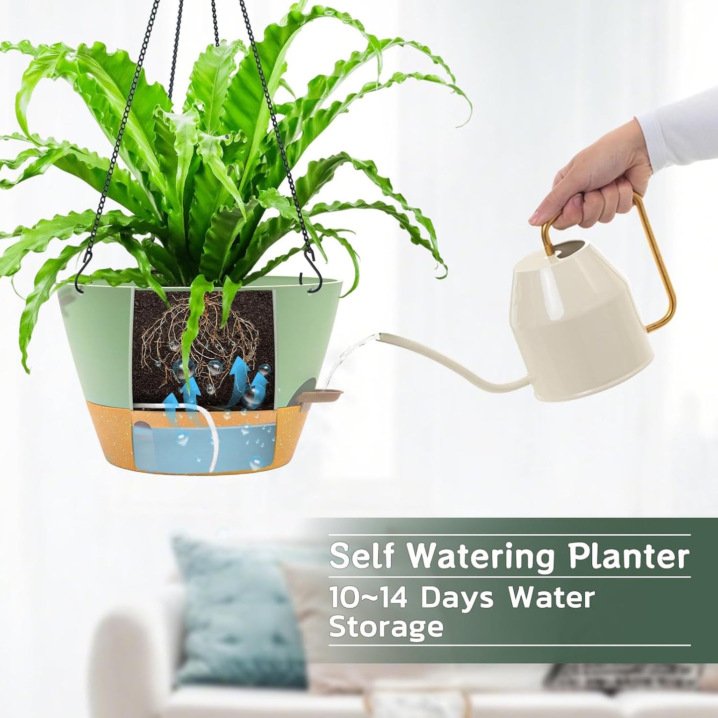 ZMTECH 12 Inch Large Hanging planters for Indoor, 2 Pack Self Watering Plant Pot for Outdoor Garden Porch, Hanging Flower Pot with Visible Water Level & Removable Tray(12Inch, Green)