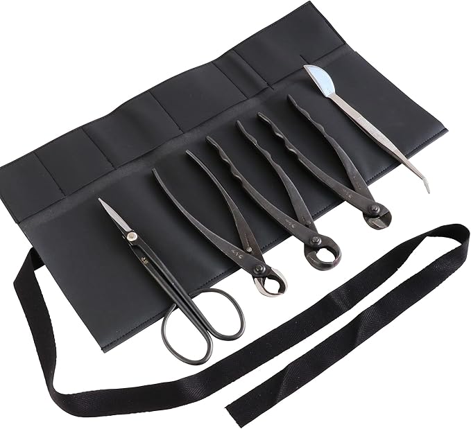 Wazakura Made in Japan 5PCS Bonsai Tool Kit with Roll Bag: Yasugi Steel Twig Bonsai Scissors, Concave Branch Cutter, Knob Cutter, Wire Cutter, Tweezers - 5 Tools Twig Schissor Set with Case…