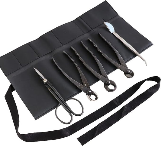 Wazakura Made in Japan 5PCS Bonsai Tool Kit with Roll Bag: Yasugi Steel Twig Bonsai Scissors, Concave Branch Cutter, Knob Cutter, Wire Cutter, Tweezers - 5 Tools Twig Schissor Set with Case…