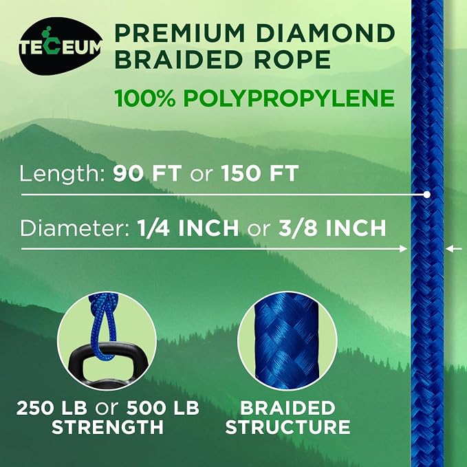 TECEUM Rope – 90 Feet x 1/4 Inch – Blue – Strong All-Purpose Utility Rope – - Image 2