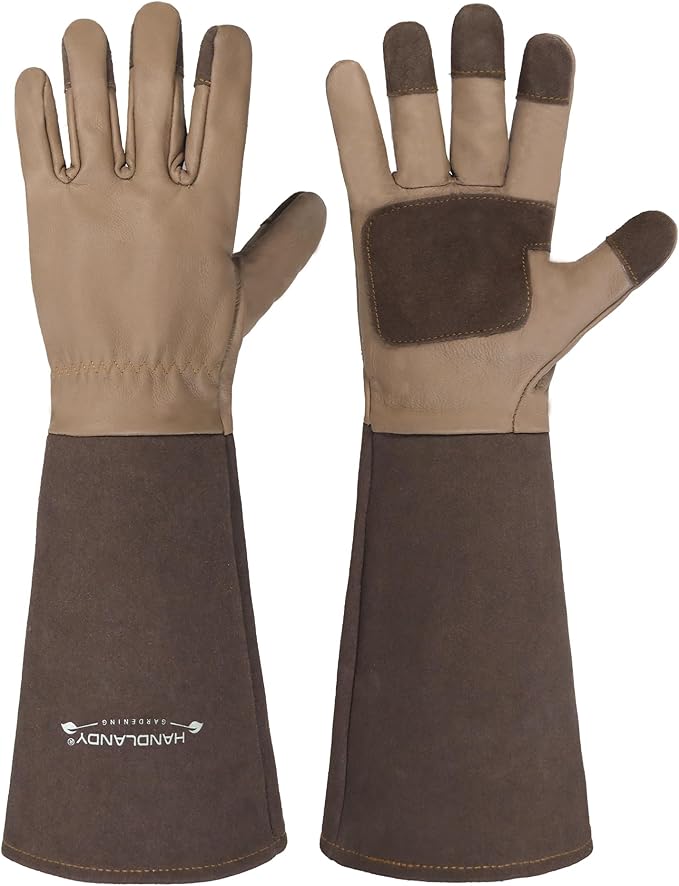 HANDLANDY Long Gardening Gloves for Men & Women, Cowhide Leather Rose Pruning Gloves- Breathable & Durable Gauntlet Glove (Medium, Brown)