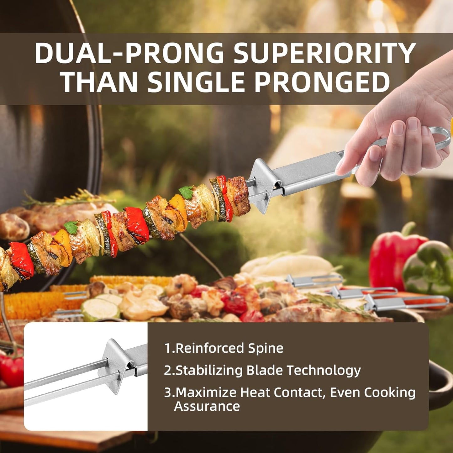 Skewers for Grilling, 17inch （6PCS）Double Fork Flat Stainless Steel Kabob Skewers with Slider, Reusable Metal BBQ Skewer for Meat, Vegetable, BBQ Accessories