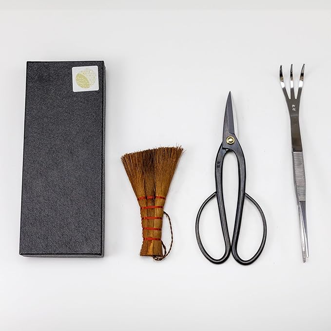 Wazakura Japanese Bonsai Garden 3PCS Tool Starter Kit, Made in Japan, Ashinaga Bonsai Scissors, Stainless Tweezers with Rake, Chinese Broom. Beginner Set with Shears, Tweezers and Soil Brush