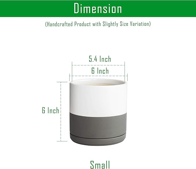D'vine Dev Set of 2 Plants Pots, 6 Inch Ceramic Planter Pot for Plants with Drainage Hole and Saucer, White/Speckled Grey, 94-V-C-6