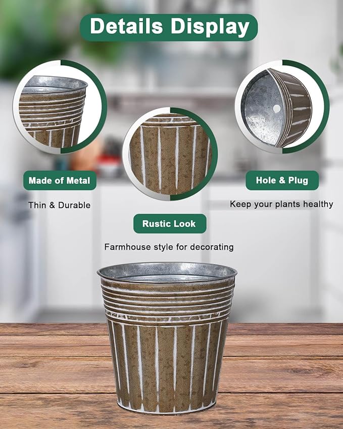 vensovo 5 Inches Brown Metal Rustic Flower Pots - 6 Pcs Small Galvanized Planters with Drainage Hole and Rubber Plug, Rustproof Tin Bucket Plant Pot Farmhouse Vintage Style for Decor