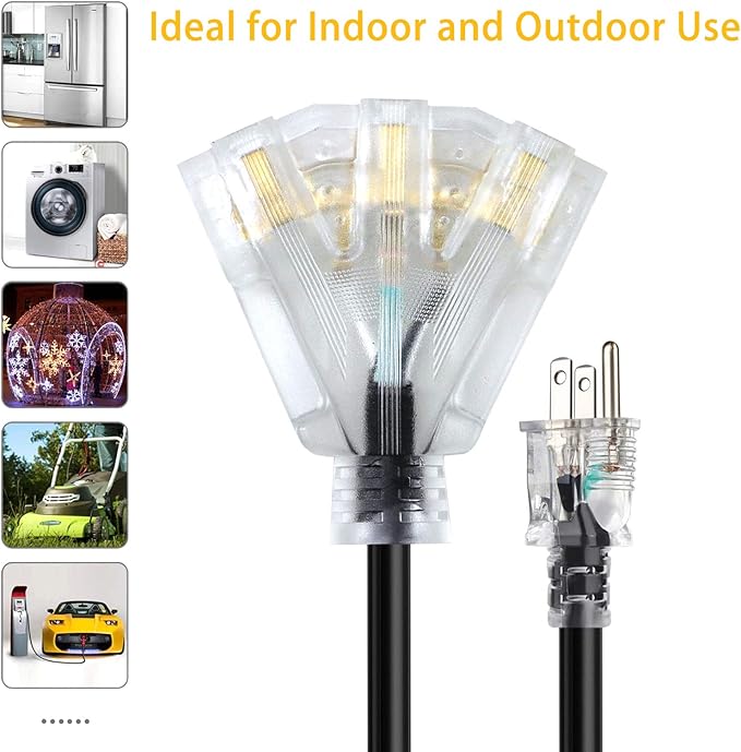 6 FT 12/3 Extension Cord Heavy Duty Black 3-Outlet Indoor/Outdoor SJTW Lighted - Image 4