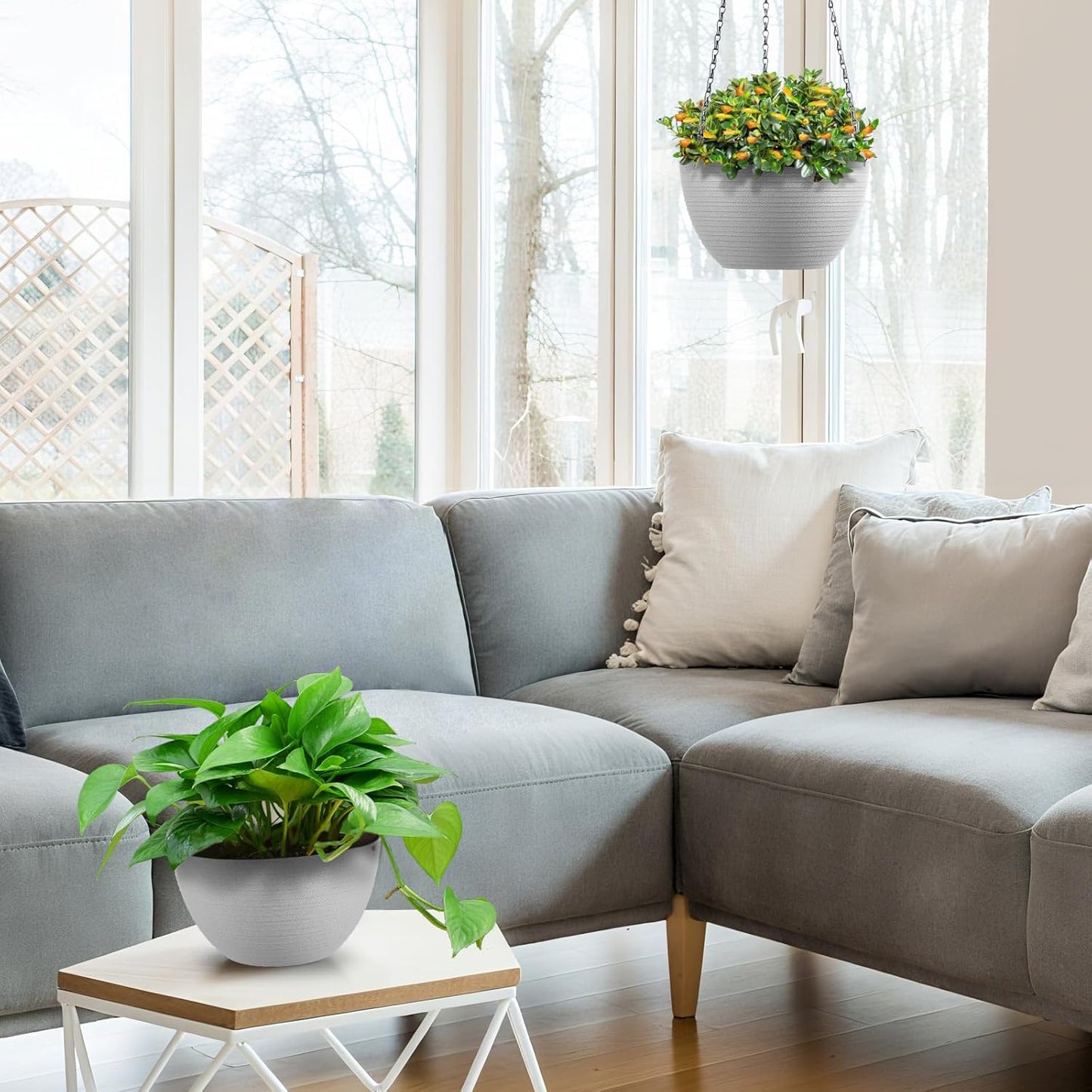 Hanging Planters for Indoor Outdoor Plants, Set of 2 Self Watering Hanging Pots with Drainage Hole & Plug and 20" Chain & Hooks