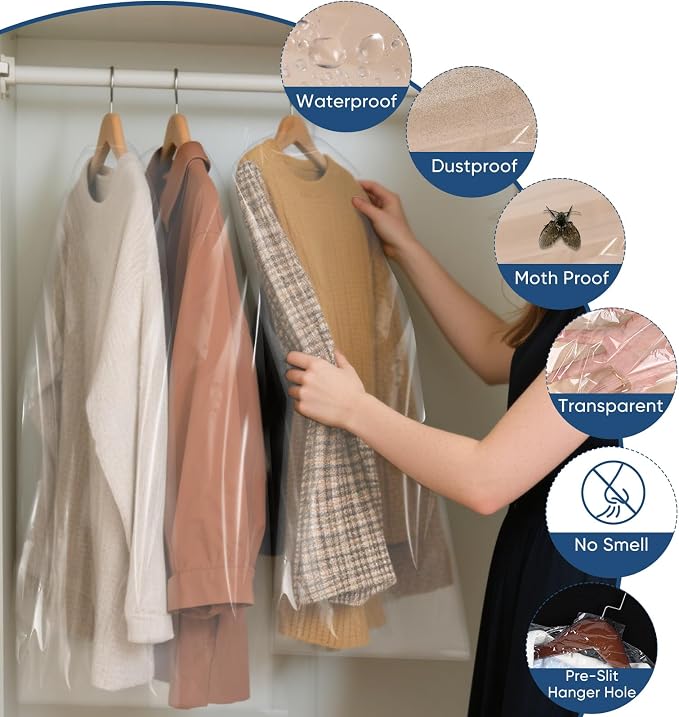 50 Pack 23.6"x55" Garment Bags for Hanging Clothes, Thick Clear Plastic Dry - Image 4