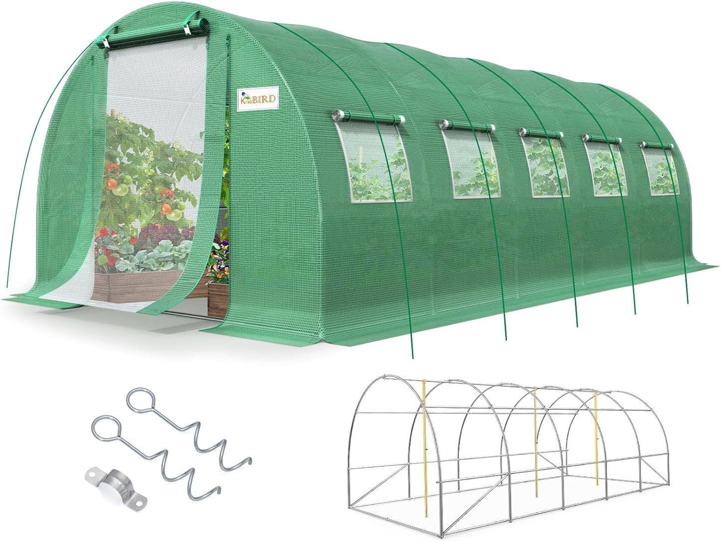 KING BIRD Premium 25x10x6.6FT Greenhouse for Outdoors, Large Walk-in Heavy Duty Galvanized Steel Frame, Mesh Door Screen Window Upgraded Zipper Tunnel Hoop for Garden Plant Winter, Green