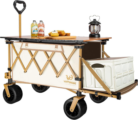 Whitsunday Collapsible Folding Wagon with Table,Heavy Duty Utility Beach Wagons with Opened Tailgate and All-Terrain Wheels for Camping,Garden,Sports Beige