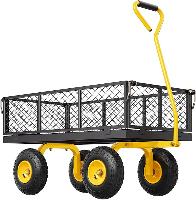 VEVOR 900 Lbs Heavy Duty Steel Garden Cart, Garden Wagon Cart on Wheels, Outdoor Metal Yard Utility Wagon Carts with 10" Tires and Mesh Removable Sides(Convert to Flatbed) and 180°Rotating Handle