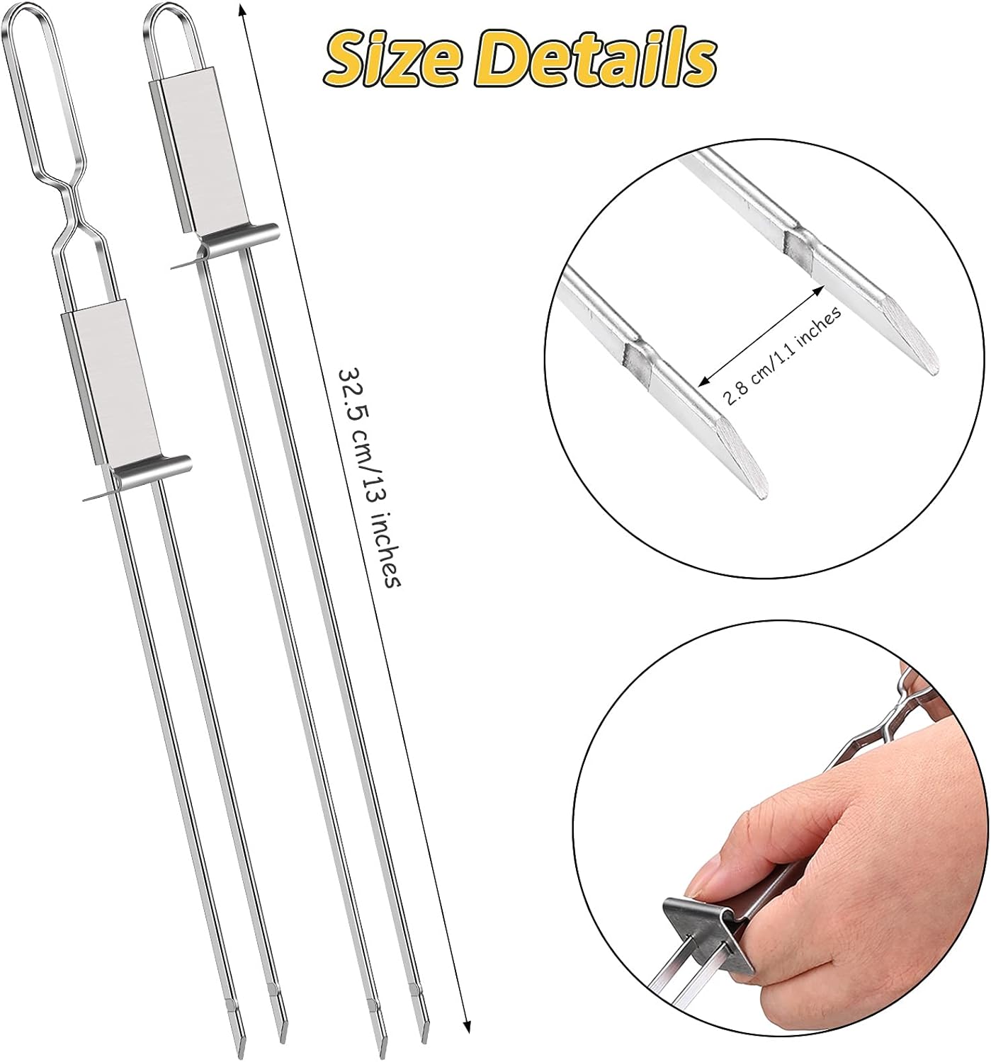 Lallisa Kabob Skewer for Grilling, Metal Stainless Steel BBQ Stick with Push Bar, Double Pronged Kebab Tool Quick Release Meat, Chicken, Vegetable and Fruit (6 Pieces), 2.8 x 32.5 cm/ 1.1 12.8 inch
