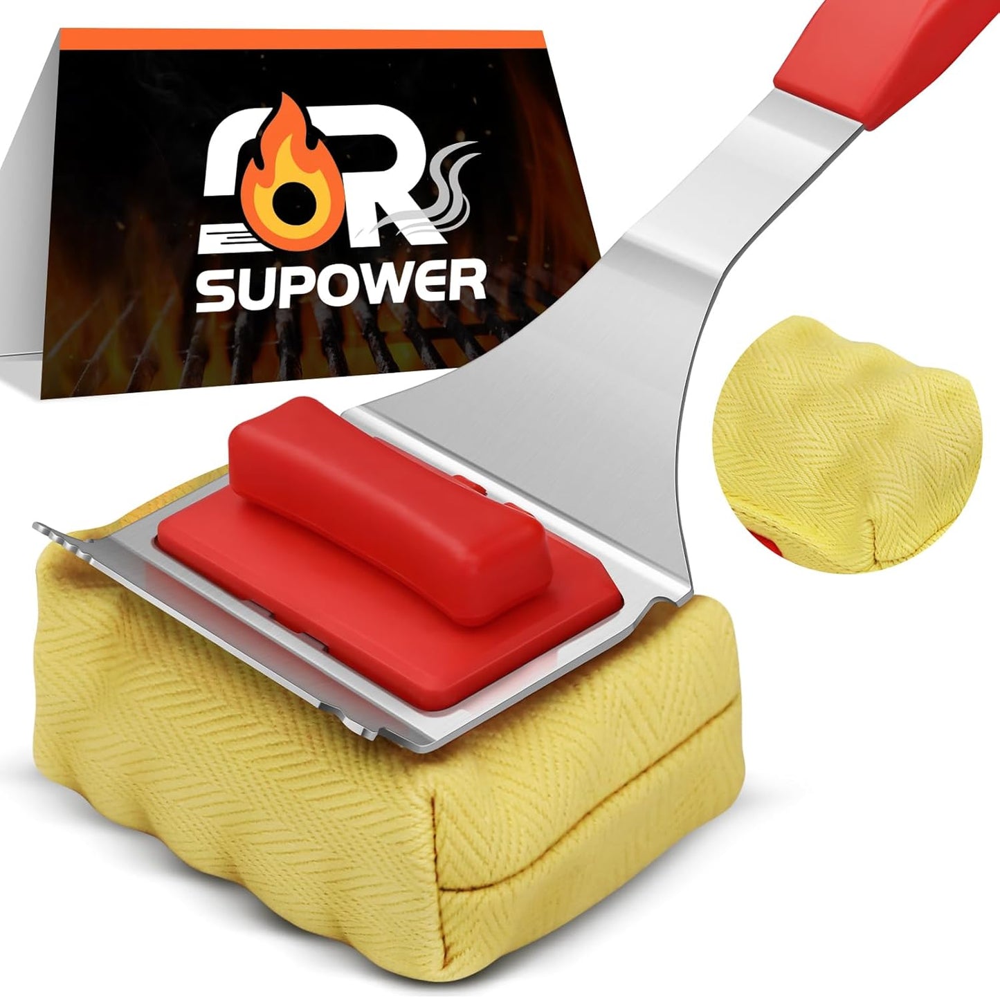 Steam Safe Grill Cleaning Brush Bristle Free and Scraper for Outdoor Grill with 15" Extended Handle, 3X Thick Aramid Fabric Replaceable Brush Heads, Triple-Groove Scraper Design for All Grates, Red