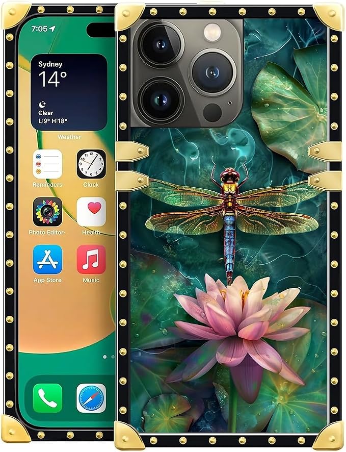 Compatible with iPhone 14 Pro Case, Colourful Dragonfly Pink Lily Pads Luxury by Unknown