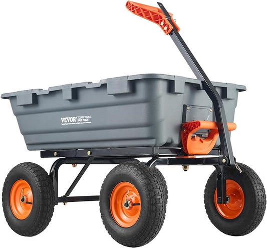 VEVOR 1200lbs 7Cu.Ft. Garden Dump Cart with 2-in-1 Convertible Handle and 13in All Terrain Wheels, Heavy Duty Poly Yard Dump Wagon Utility ATV Trailer Dump Cart Tow Behind for Lawn Mower Tractor