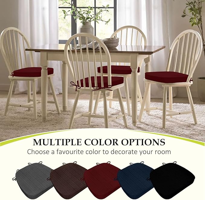 Chair Cushions for Dining Chairs, Indoor Chair Cushions with Ties，Waterproof Chair Pads Set of 4, Burgundy, 17x16x2.5 Inch