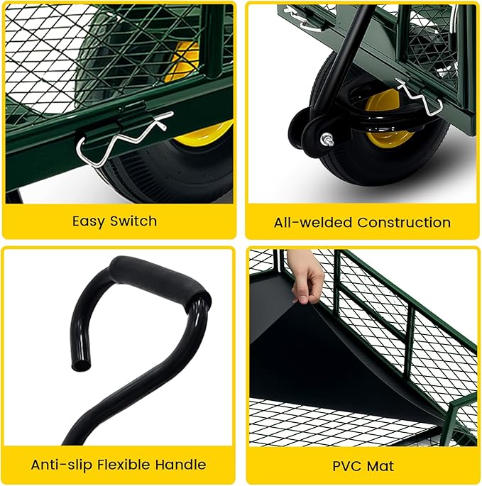 Steel Garden Cart, 2-in-1 Heavy Duty Utility Wagon 900 LBS Capacity Carts with Removable Mesh Sides to Convert into Flatbed, 240° U-Turn 10" Pneumatic Tires Garden Wagon for Lawn Camping Farm Yard