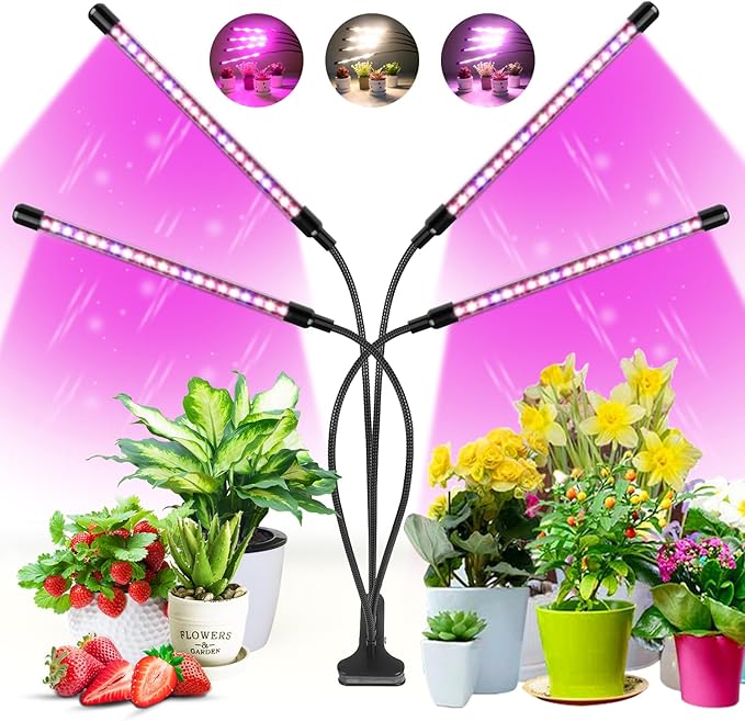 Wolezek Grow Lights for Indoor Plants, 80 LEDs 4 Heads Full Spectrum Red & Blue Plant Light with Clip, Grow Lamp with 6/12/16H Auto Timer, 3 Switch Modes for Seedlings and Succulents