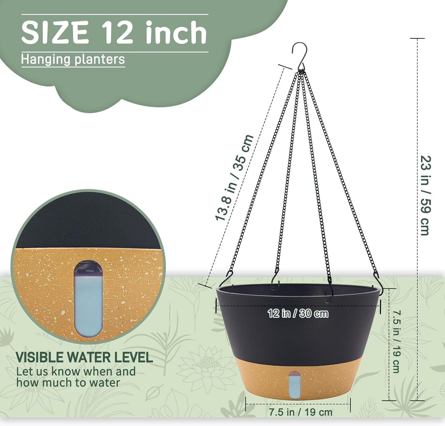 ZMTECH 12 Inch Hanging Planters for Indoor, 2 Pack Self Watering Plant Pot for Outdoor Garden Porch, Large Hanging Baskets with Visible Water Level and Chain(12Inch, Gray)