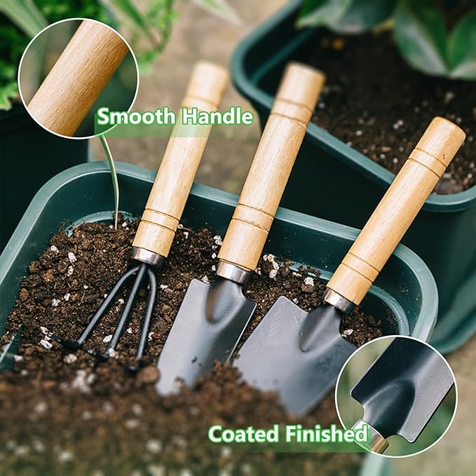 Small Garden Tool Set, 6 Pieces Iron Gardening Kit Including Hand Shovel, Transplant Shovel and Hand Rake with Wood Non-Slip Handle Perfect for Plant Lovers