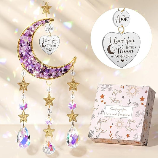 Aunt Gifts from Niece Nephew, Aunt for Auntie Gifts, Best Aunt Ever Gift Aunt Birthday Gifts for Auntie, Unique Auntie Gifts for Women Moon Crystal Suncatcher for Windows Hanging
