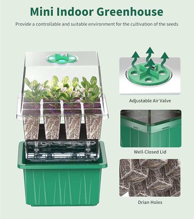 Seed Starter Tray, 60-Cells Seedling Starter Trays with Grow Light, Self-Watering Seed Germination Kit for Indoor Gardening Seed Starting (5 Pack, Green Base)