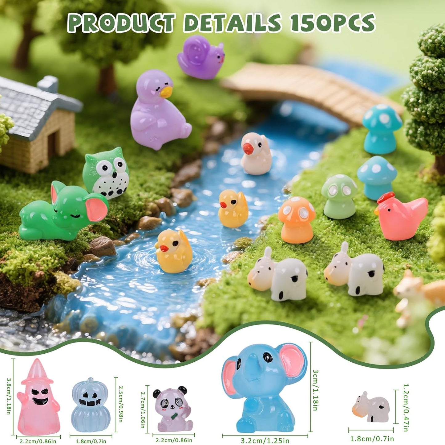 150 PCS Luminous Mini Resin Animals, Glow in The Dark Fairy Garden Decor, Mini Ducks Frogs Turtles Figurines for Aquarium, Terrarium, Slime Charms & Potted Plant Landscape Decoration