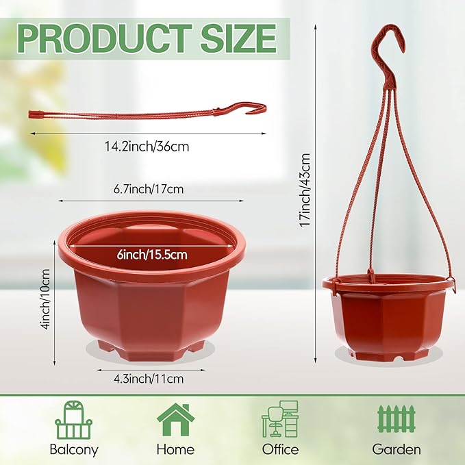 Roshtia 24 Pcs Hanging Plastic Planter Pot with Hook Flower Pots Baskets Hanging Nursery Planter Holder for Outdoor Indoor Plant Garden(Brown,6.7 Inch)