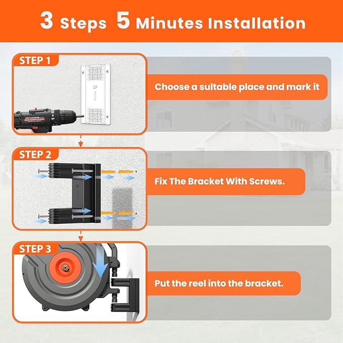 Upgraded Retractable Garden Hose 5/8 in x 90 ft Heavy Duty Wall-Mounted Hose Reel 180°Swivel Automatic Slow Return Any Length Lock 9 Pattern Nozzle UV Resistant (Black)