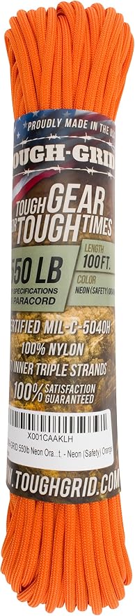 TOUGH-GRID 550 Paracord, Type III Mil-Spec Nylon Rope - 100 Ft Neon Orange - Image 3