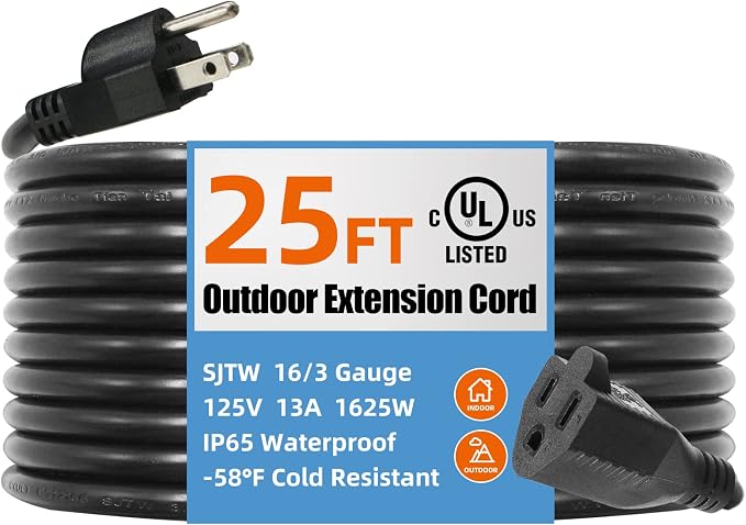 UL Listed Outdoor Extension Cord 3 Prong 25 FT SJTW 16/3 Gauge 13A 125V 1625W by TooCust