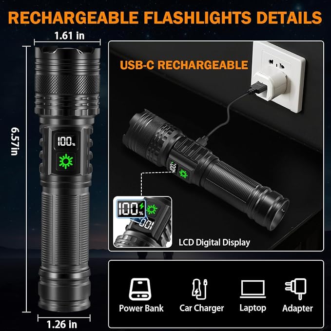 3Pack Rechargeable Flashlights High Lumens 9900FL, LED Flashlight Rechargeable - Image 3