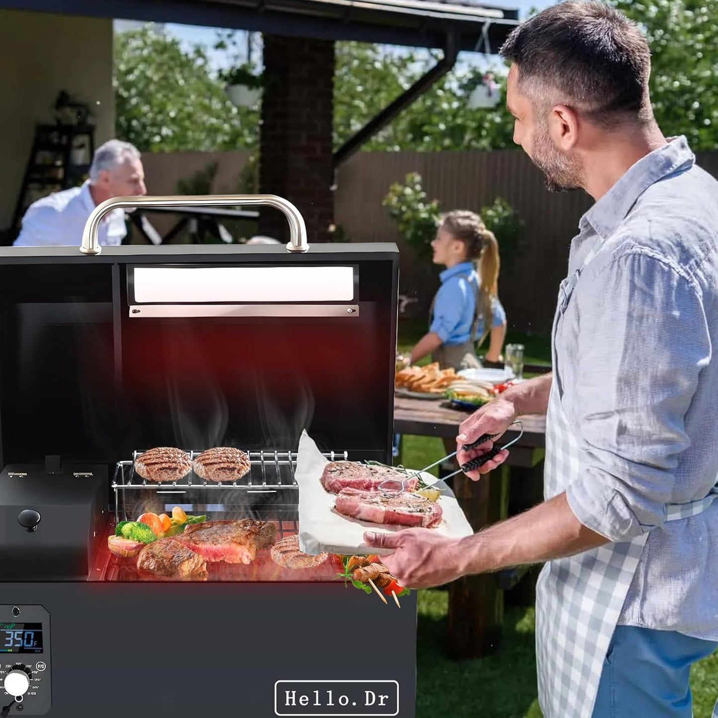 Portable Wood Pellet Grills 900°F，Smoker with Viewing Window – 8-in-1 BBQ, Digital Control, LED Screen, Temperature Control, Meat Probe，Bake and Roast, Ideal for Camping, RV, Beach Backyard