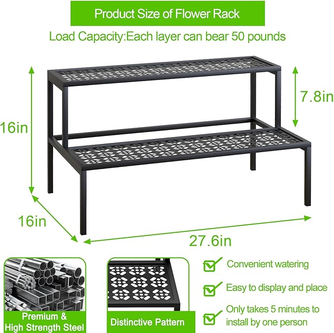 aboxoo Metal Plant Stand 2 Tier Potted Multiple Flower Pot Holder Plant Shelf Indoor Plants Multiple,Outdoor Heavy Duty Planter Display Shelving Unit for Patio Garden Corner Balcony(Black)
