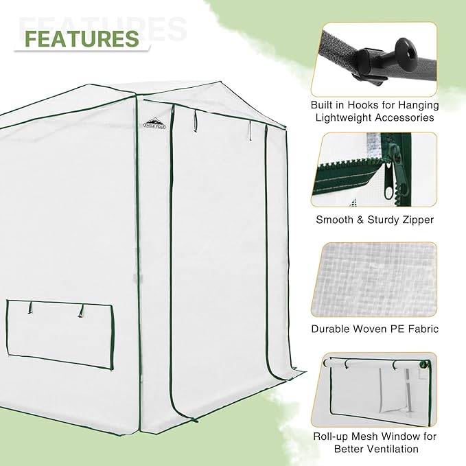 EAGLE PEAK 8x6 Portable Walk-in Greenhouse, Pop-up Indoor Outdoor Garden Green House, Zippered Doors and Windows, Heavy Duty Woven PE Top, White