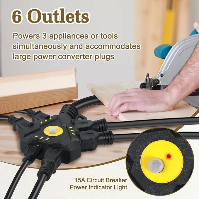 25FT 14 Gauge Outdoor Extension Cord 6-Outlet 14/3 SJTW Heavy Duty Extension - Image 3