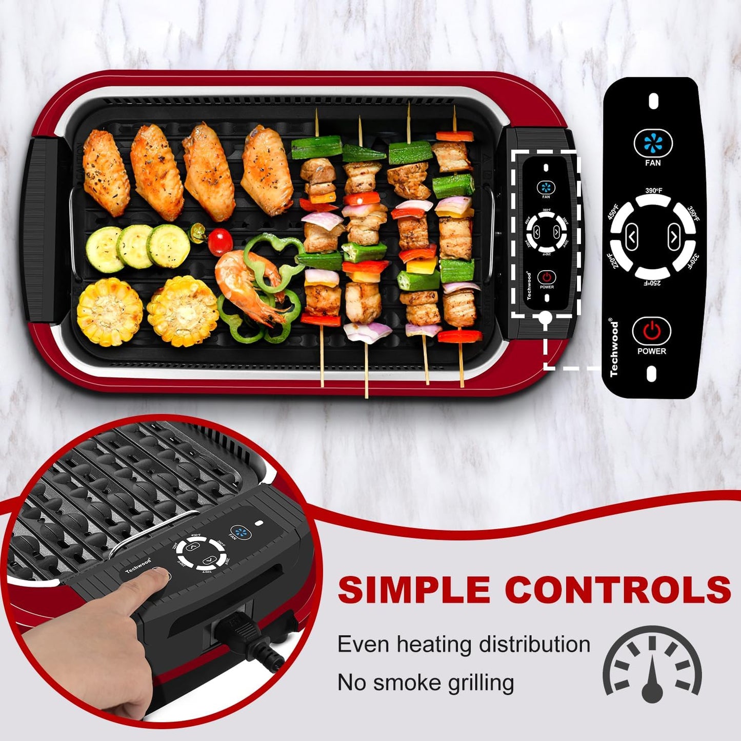 Techwood Smokeless Grill 1500W indoor Grill with Tempered Glass Lid, Compact & Portable Non-stick BBQ Grill, Turbo Smoke Extractor Technology, Drip Tray& Removable Plate