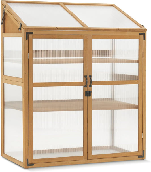 Macrout Cold Frame Greenhouse, Large Wooden Greenhouse Cabinet, Garden Cold Frame with Adjustable Shelves for Outdoor Indoor Use, 1344 (Natural)