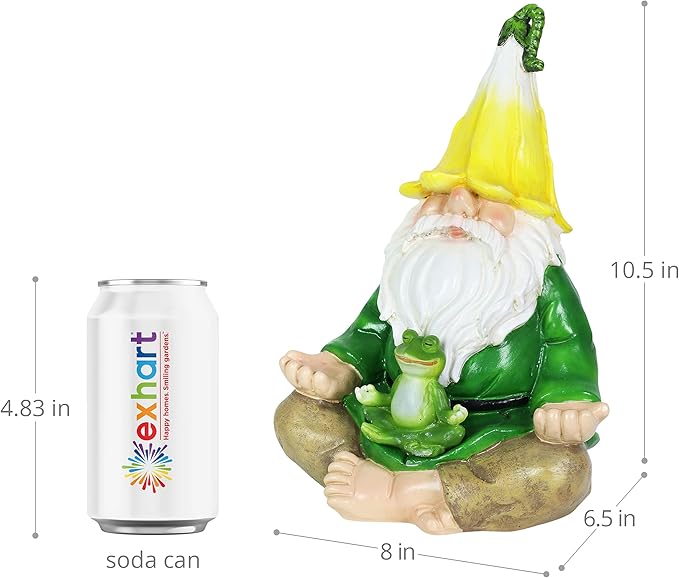 Exhart Solar Light-Up Meditating Gnome Statue w/LED Frog, Durable Resin Garden Décor, 8”x6.5”x10.5”