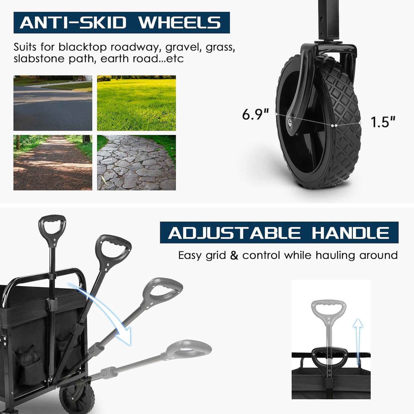 Large Collapsible Wagon Foldable for Grocery, Beach, Park, Yard, 34 x 18 Inch Inner Storage. Folding Utility Shopping Cart on Wheels. Heavy Duty, Durable w/Cupholders (Black)